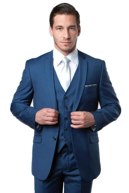 Indigo Blue Slim Fit Men's Wedding Suit with Two Button Vest sold by Alberto Nardoni