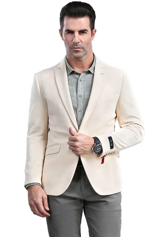 "Skinny Fit Men's Blazer - One Button Peak Lapel in Tan" sold by Alberto Nardoni