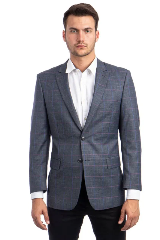 "Men's Regular Fit Sport Coat - Charcoal Grey with Blue & Pink Windowpane Plaid" sold by Alberto Nardoni