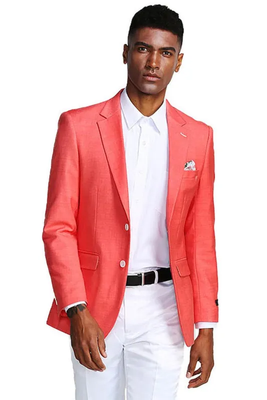 "Salmon Pink Men's Slim Fit Linen Summer Blazer - Two Button Style" sold by Alberto Nardoni