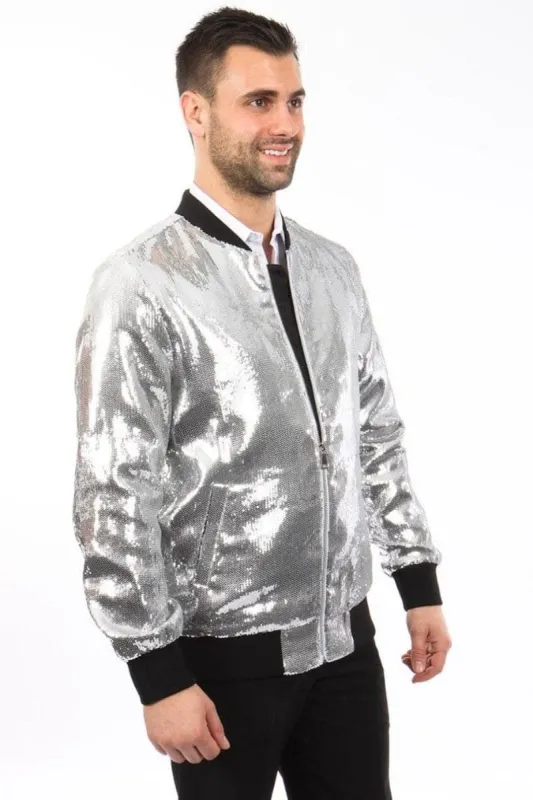 "Sequin Bomber Jacket for Men - Shiny Silver Fashion Statement" made by Alberto Nardoni