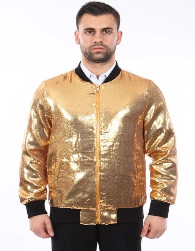 Gold Sequin Bomber Jacket for Men - Shiny Party Wear made by Alberto Nardoni