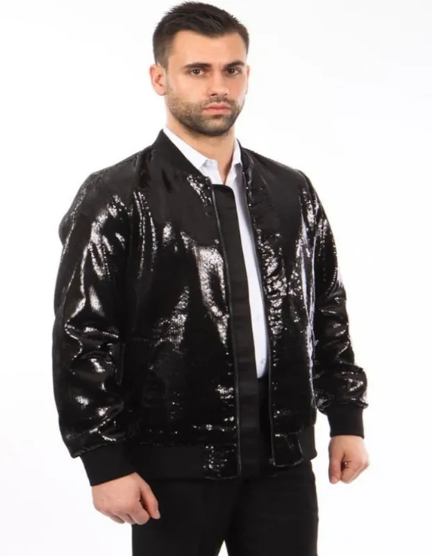 "Men's Black Sequin Bomber Jacket - Shiny Party Wear" made by Alberto Nardoni