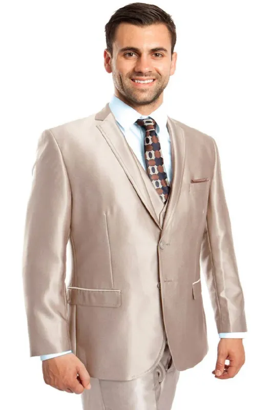 "Sharkskin Wedding Suit for Men - Two Button Vested, Champagne Light Tan" Champagne Prom 2025 Suits sold by Alberto Nardoni