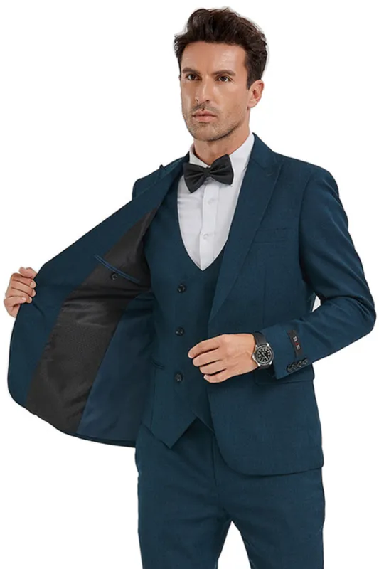 "Men's Slim Fit Sharkskin Suit - Dark Teal, One Button Peak Lapel with Double Breasted Vest" sold by Alberto Nardoni