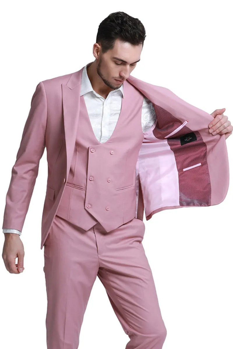 "Men's Slim Fit Wedding Suit - Mauve Pink Double Breasted Vest with Peak Lapel" sold by Alberto Nardoni
