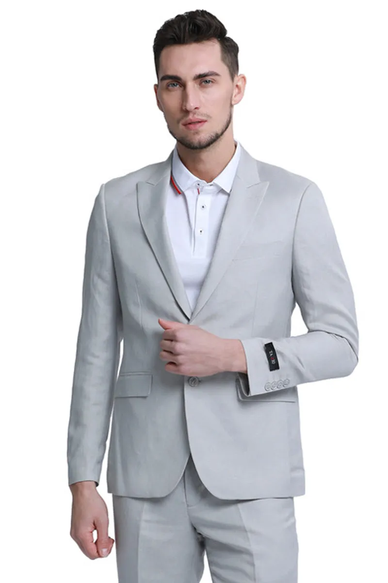 "Men's Summer Linen Beach Wedding Suit - Light Grey, Two Button Peak Lapel" sold by Alberto Nardoni