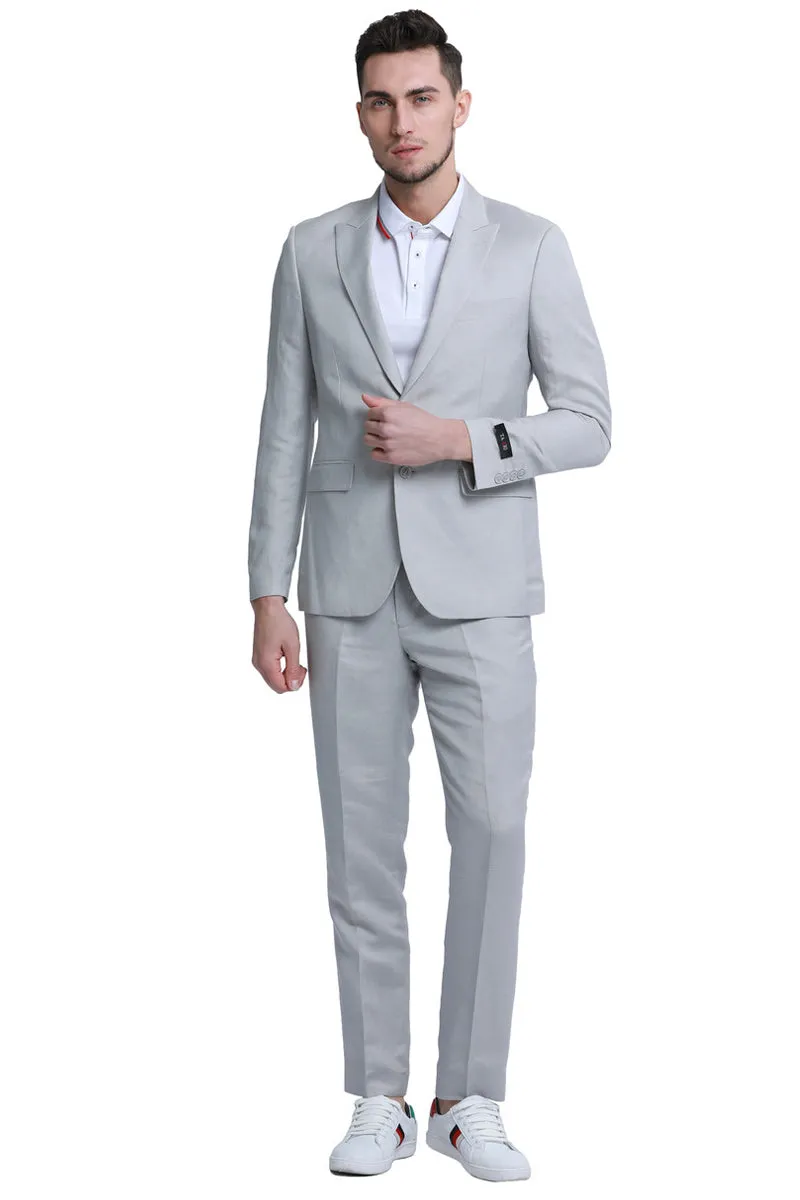 "Men's Summer Linen Beach Wedding Suit - Light Grey, Two Button Peak Lapel" sold by Alberto Nardoni product image thumbnail 2