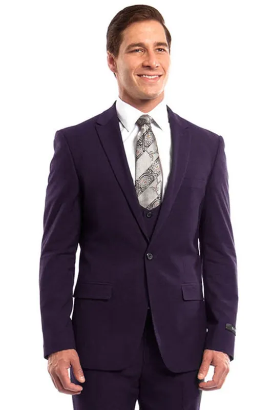 "Eggplant Men's Wedding & Prom 2026 Suit - One Button, Peak Lapel, Skinny Fit with Lowcut Vest" made by Alberto Nardoni