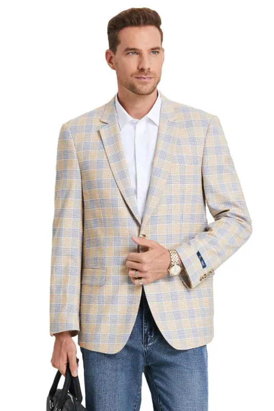 "Glen Plaid Men's Business Casual Sports Coat - Two Button, Tan & Blue" sold by Alberto Nardoni