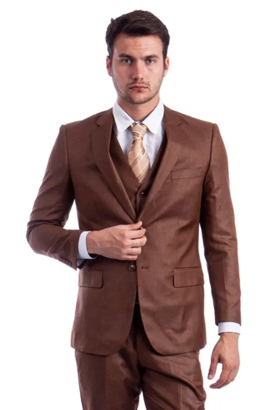 "Cognac Sharkskin Men's Wedding & Business Suit - Two Button Hybrid Fit Vested" sold by Alberto Nardoni