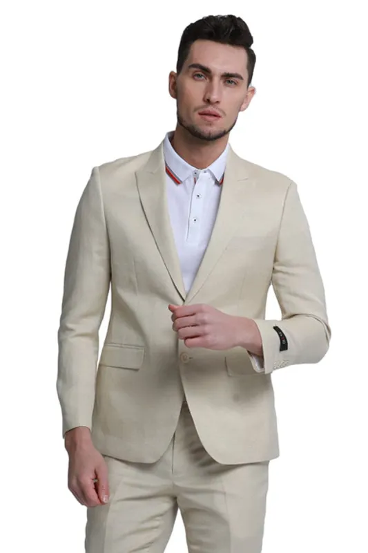 "Tan Linen Men's Beach Wedding Suit - Two Button Peak Lapel Style" sold by Alberto Nardoni