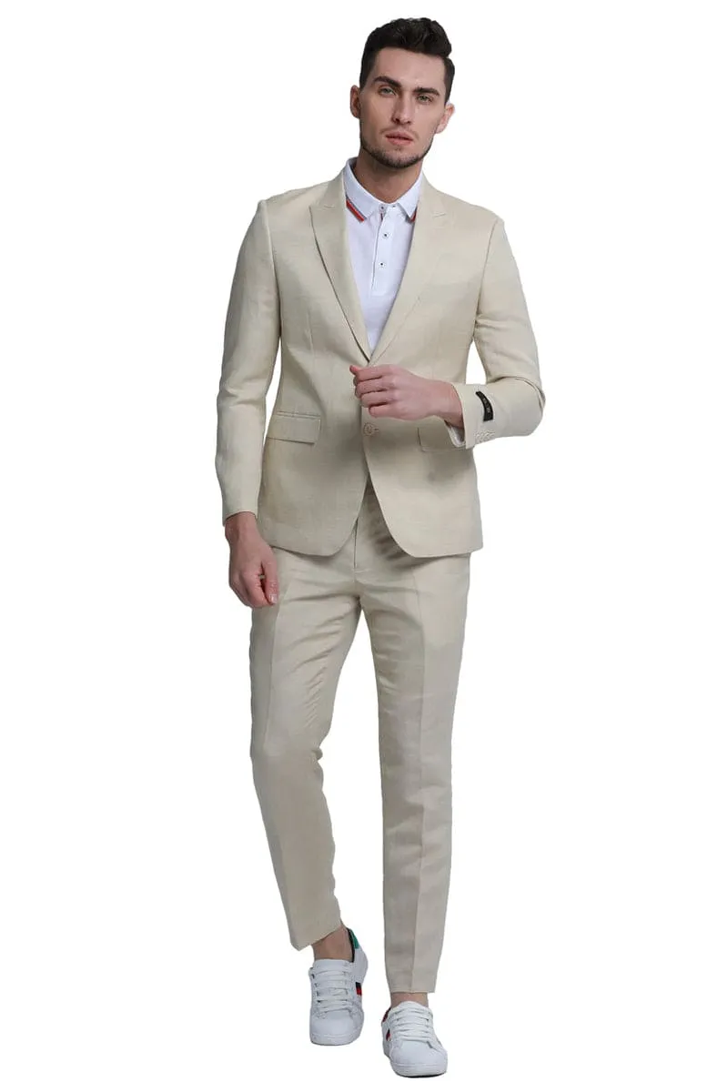 "Tan Linen Men's Beach Wedding Suit - Two Button Peak Lapel Style" sold by Alberto Nardoni product image thumbnail 2