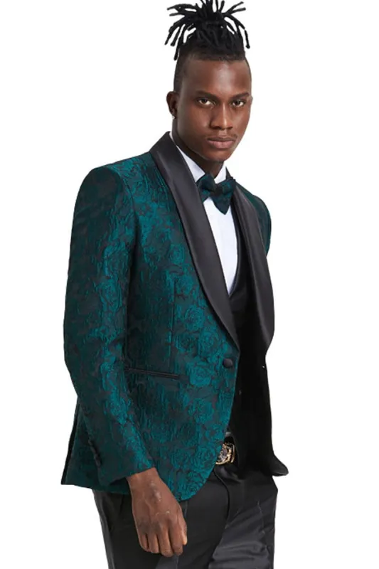 Hunter Green Men's Slim Fit Paisley Floral Prom 2025 Tuxedo with One Button Vest sold by Alberto Nardoni