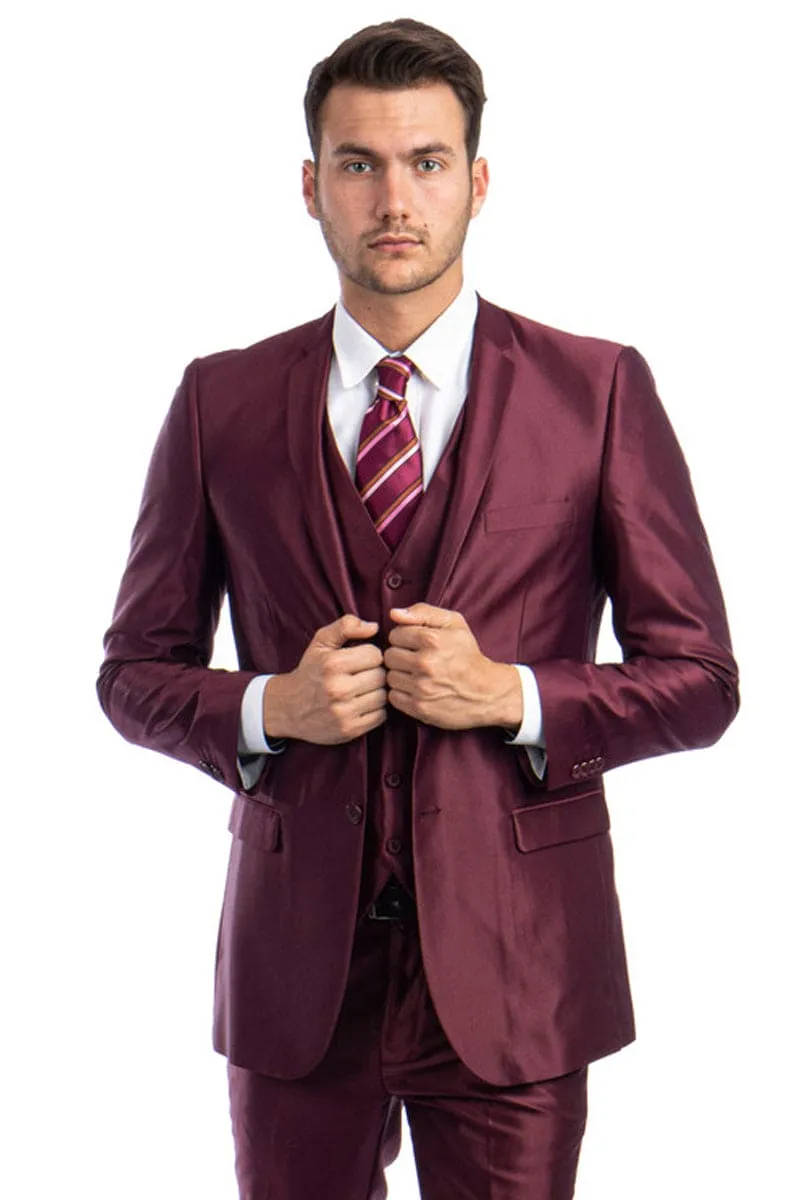 "Burgundy Men's Sharkskin Wedding & Prom 2026 Suit - Two Button Vested Style" sold by Alberto Nardoni