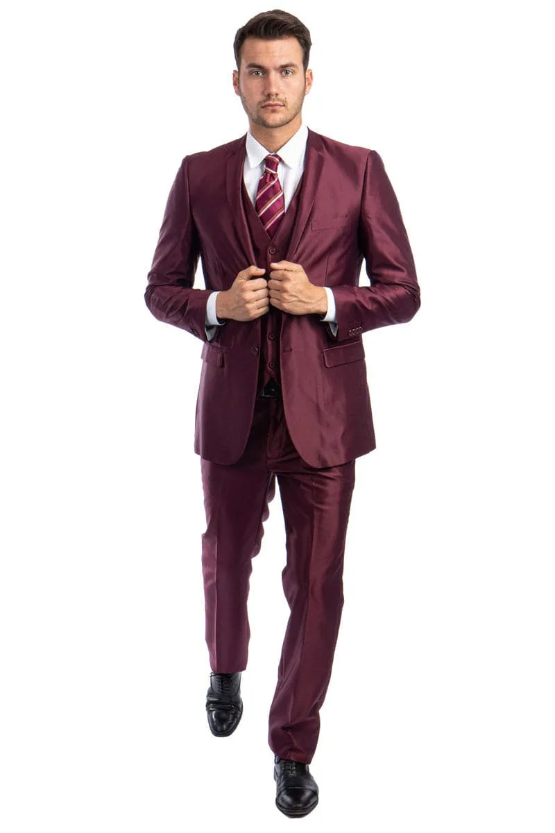 "Burgundy Men's Sharkskin Wedding & Prom 2026 Suit - Two Button Vested Style" sold by Alberto Nardoni product image thumbnail 2