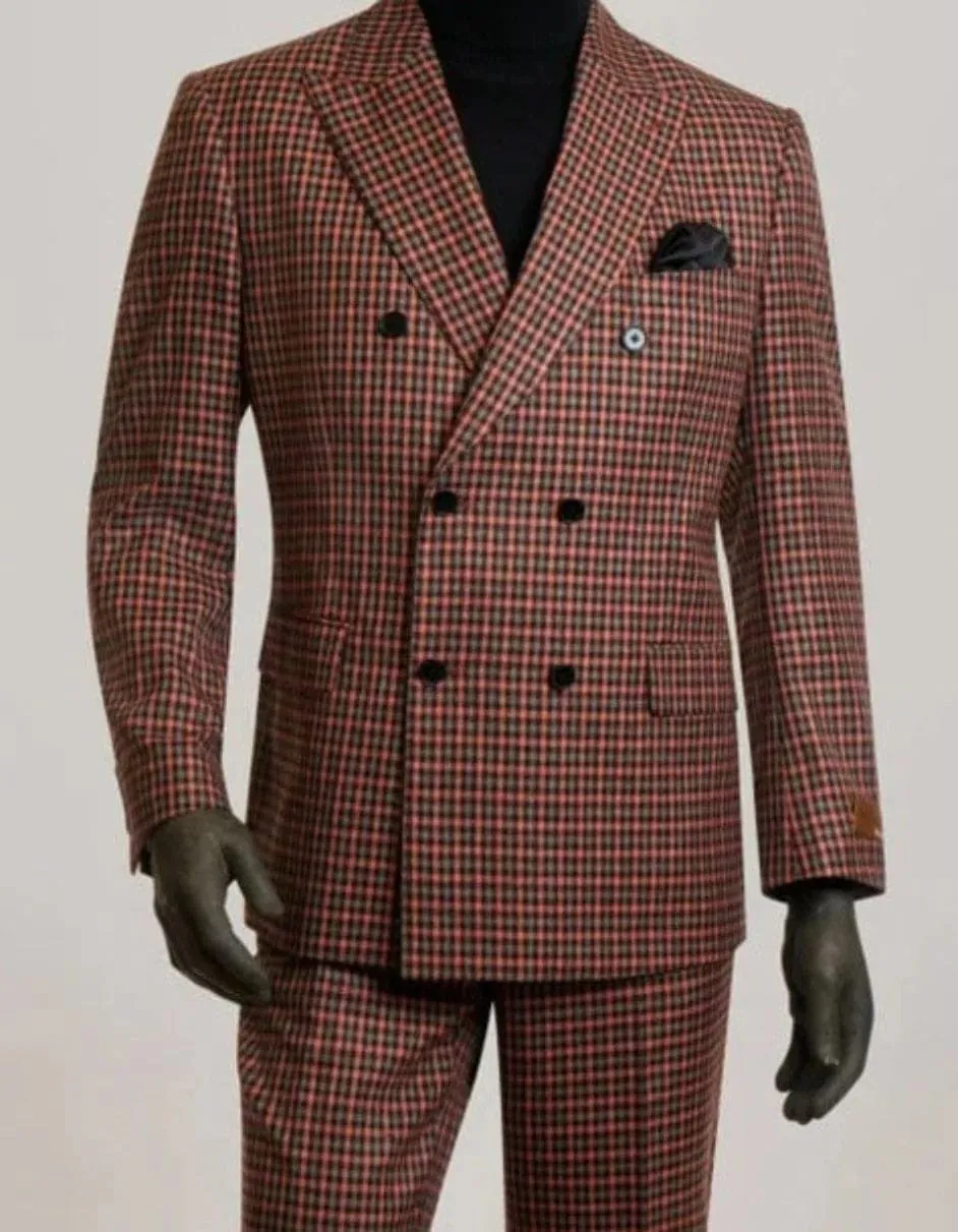 Steve Harvey Suit - Peak Lapel Modern Fit - No Pleated Pants Designer Brand Red 3 Piece Vested Suit sold by Alberto Nardoni
