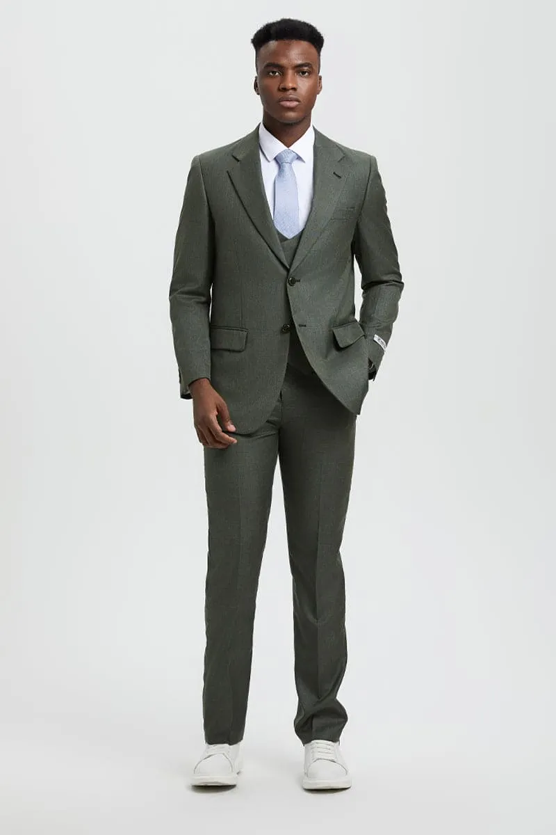 Men's Two Button Vested Stacy Adams Designer Sharkskin Suit in Olive Green sold by Alberto Nardoni product image thumbnail 4