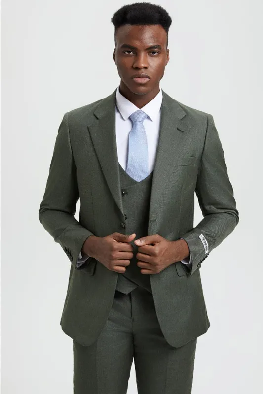 Men's Two Button Vested Stacy Adams Designer Sharkskin Suit in Olive Green sold by Alberto Nardoni