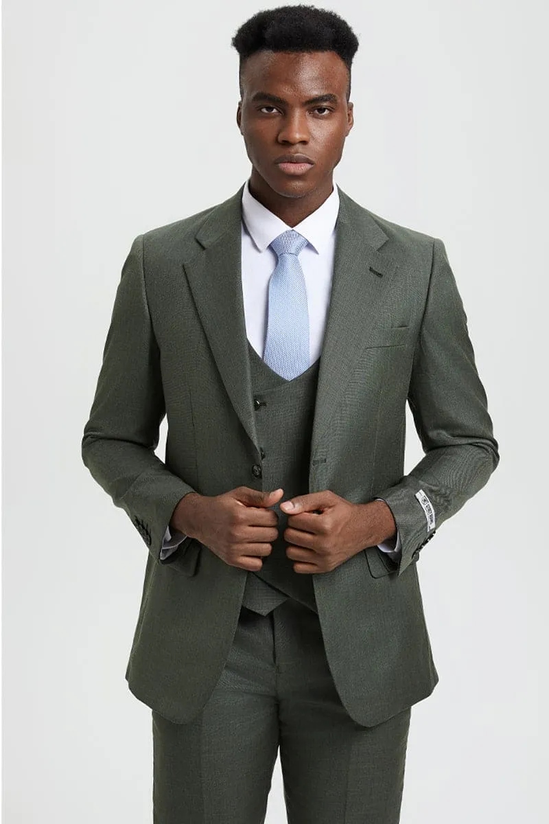 Men's Two Button Vested Stacy Adams Designer Sharkskin Suit in Olive Green sold by Alberto Nardoni