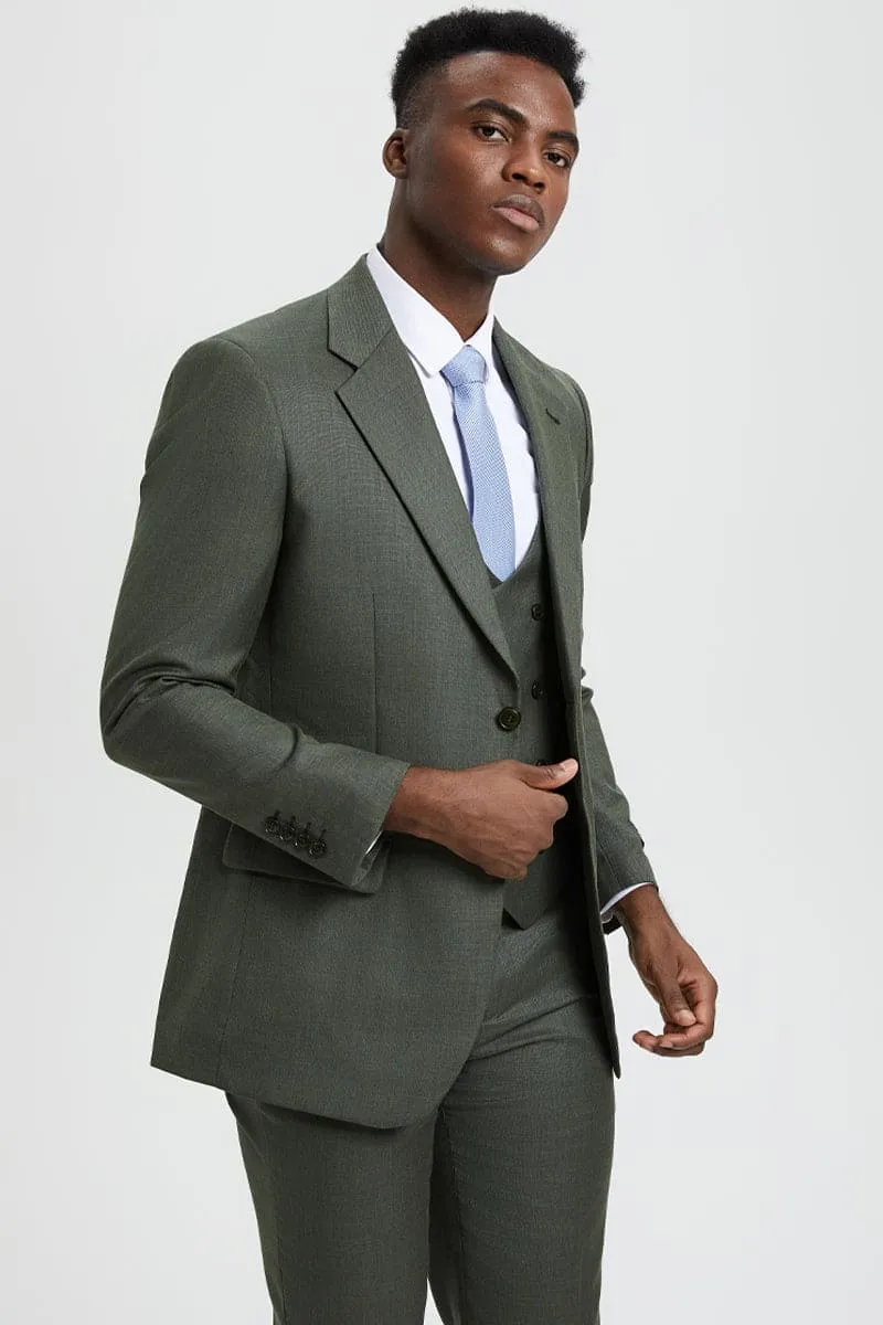 Men's Two Button Vested Stacy Adams Designer Sharkskin Suit in Olive Green sold by Alberto Nardoni product image thumbnail 5