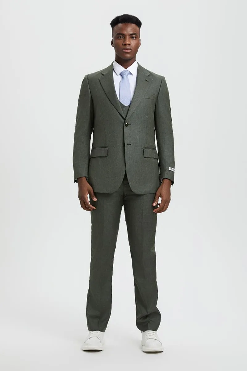 Men's Two Button Vested Stacy Adams Designer Sharkskin Suit in Olive Green sold by Alberto Nardoni product image thumbnail 2