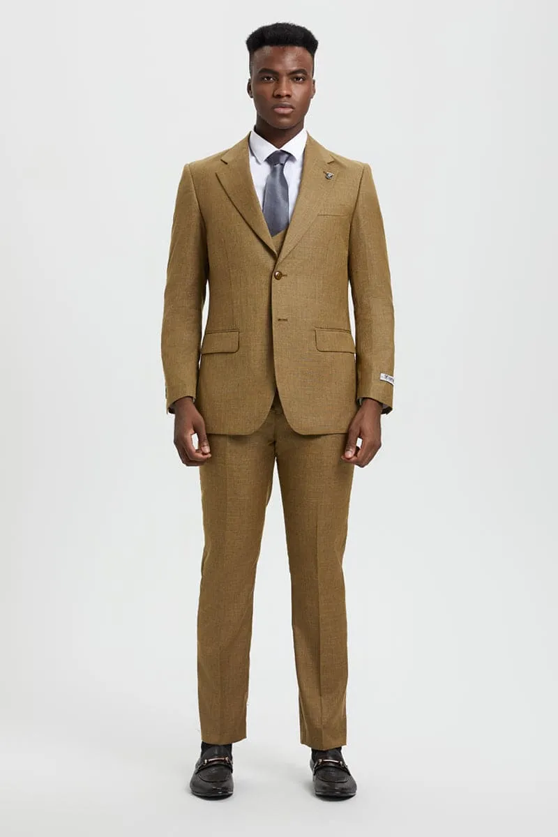 Men's Two Button Vested Stacy Adams Designer Sharkskin Suit in Light Mustard sold by Alberto Nardoni product image thumbnail 2