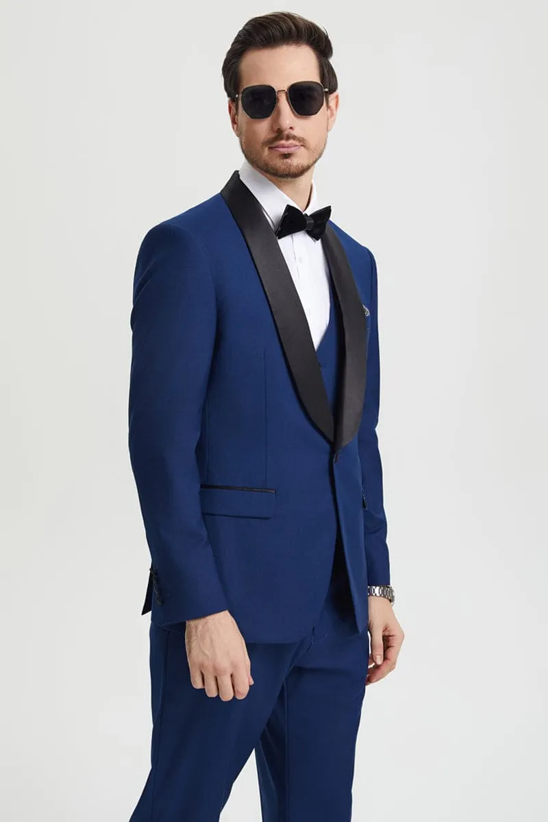 Men's Stacy Adams Vested One Button Shawl Lapel Designer Tuxedo in Indigo Blue sold by Alberto Nardoni product image thumbnail 4