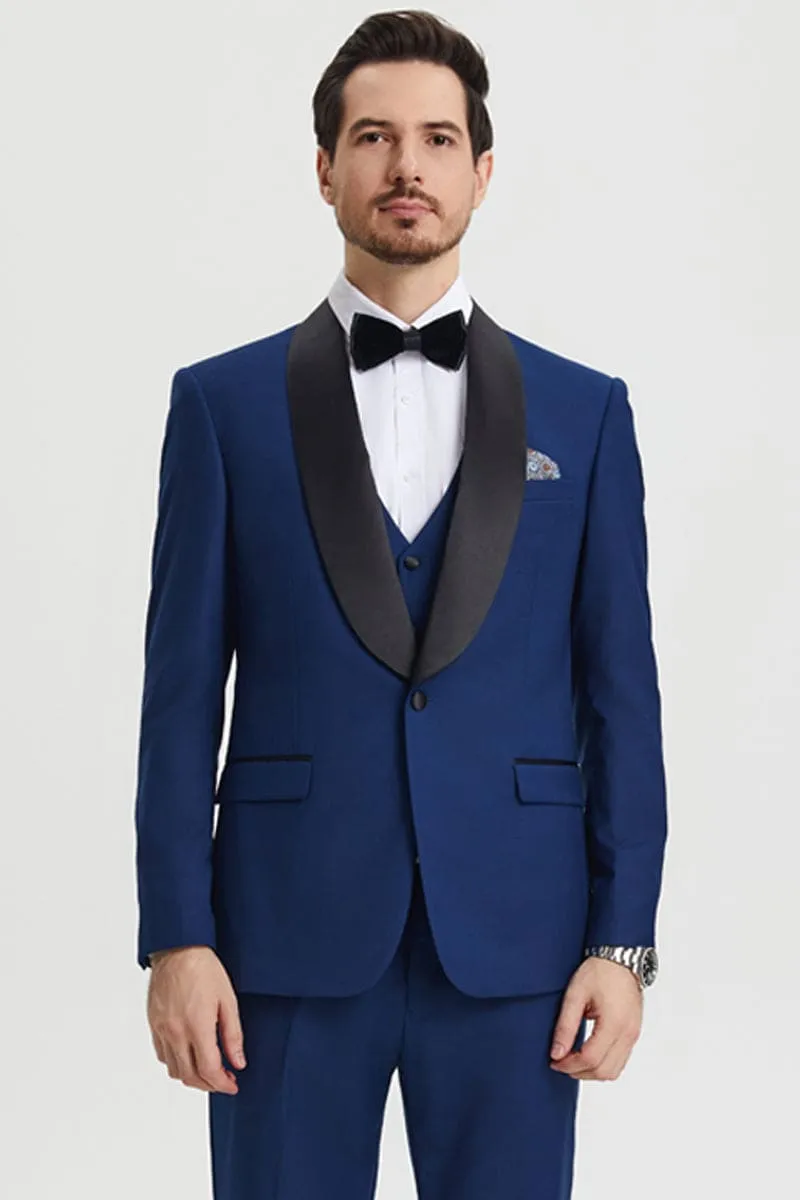 Men's Stacy Adams Vested One Button Shawl Lapel Designer Tuxedo in Indigo Blue sold by Alberto Nardoni