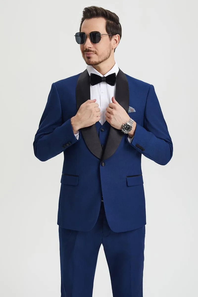 Men's Stacy Adams Vested One Button Shawl Lapel Designer Tuxedo in Indigo Blue sold by Alberto Nardoni product image thumbnail 5