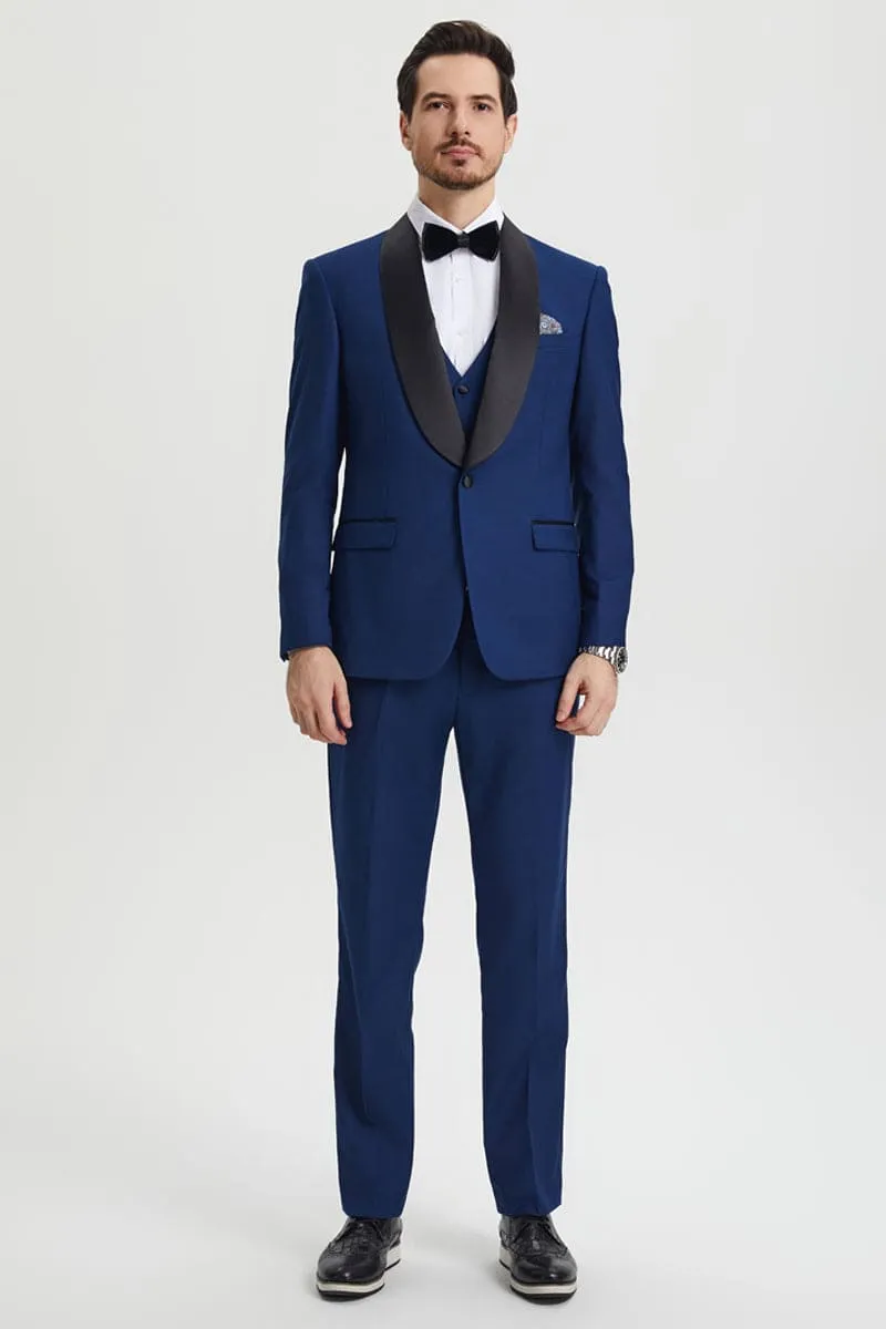 Men's Stacy Adams Vested One Button Shawl Lapel Designer Tuxedo in Indigo Blue sold by Alberto Nardoni product image thumbnail 2
