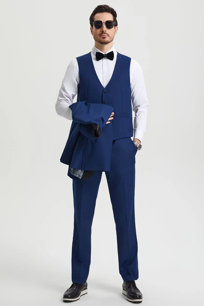 Men's Stacy Adams Vested One Button Shawl Lapel Designer Tuxedo in Indigo Blue sold by Alberto Nardoni product image thumbnail 3