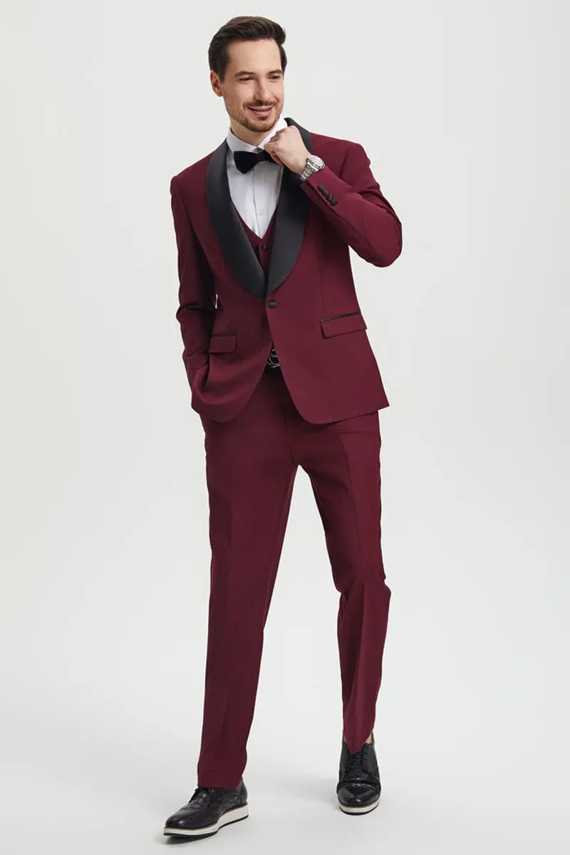Men's Stacy Adams Vested One Button Shawl Lapel Designer Tuxedo in Burgundy sold by Alberto Nardoni product image thumbnail 2