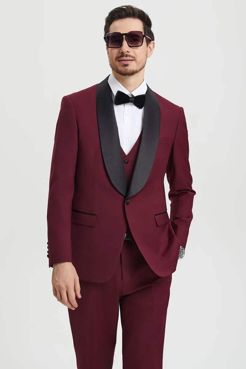 Men's Stacy Adams Vested One Button Shawl Lapel Designer Tuxedo in Burgundy sold by Alberto Nardoni product image thumbnail 5