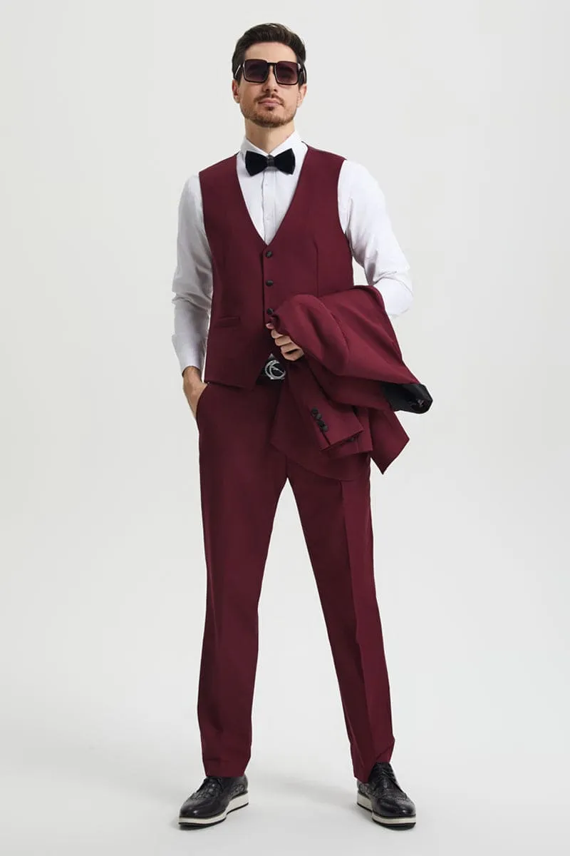 Men's Stacy Adams Vested One Button Shawl Lapel Designer Tuxedo in Burgundy sold by Alberto Nardoni product image thumbnail 4