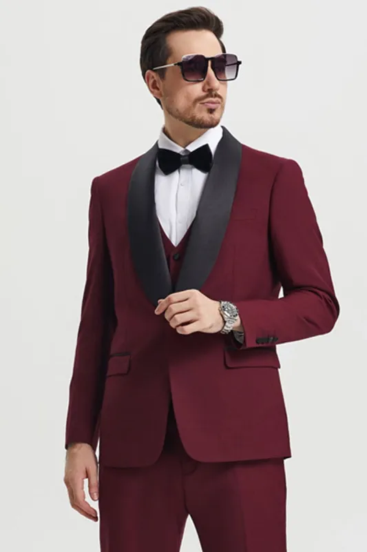 Men's Stacy Adams Vested One Button Shawl Lapel Designer Tuxedo in Burgundy sold by Alberto Nardoni