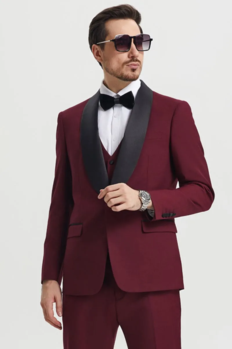 Men's Stacy Adams Vested One Button Shawl Lapel Designer Tuxedo in Burgundy sold by Alberto Nardoni
