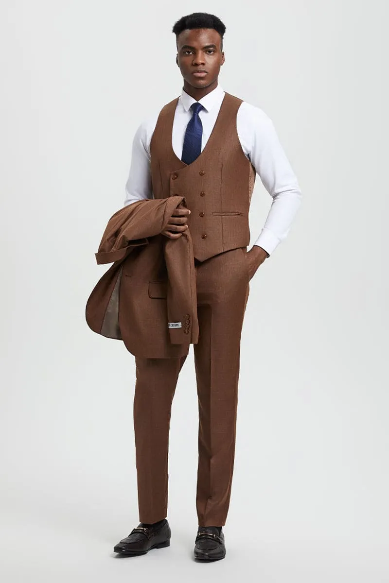 Men's Two Button Vested Stacy Adams Designer Sharkskin Suit in Cognac sold by Alberto Nardoni product image thumbnail 4