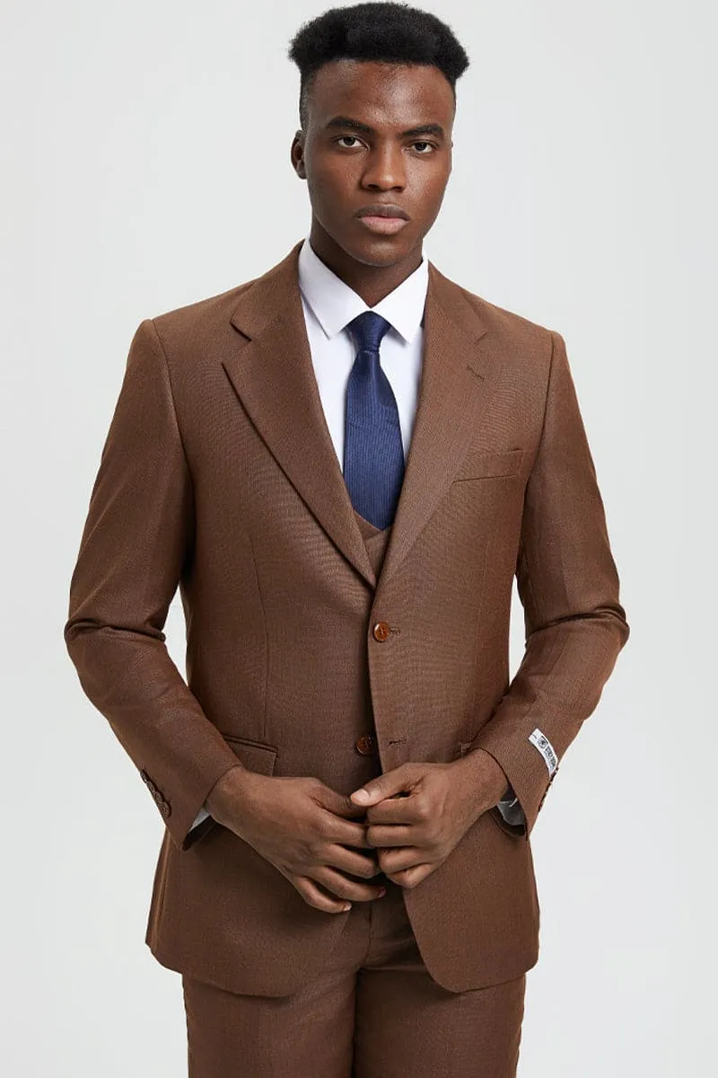 Men's Two Button Vested Stacy Adams Designer Sharkskin Suit in Cognac sold by Alberto Nardoni