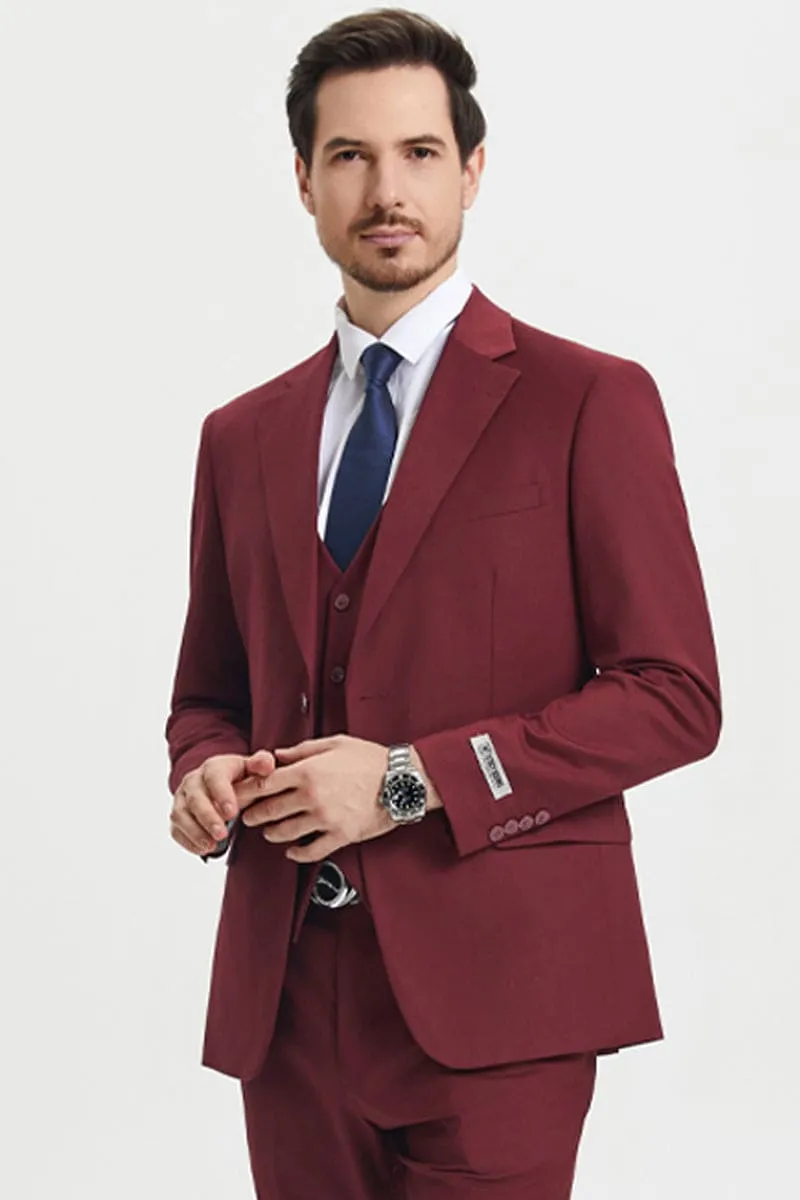 Men's Two Button Vested Stacy Adams Basic Designer Suit in Burgundy sold by Alberto Nardoni