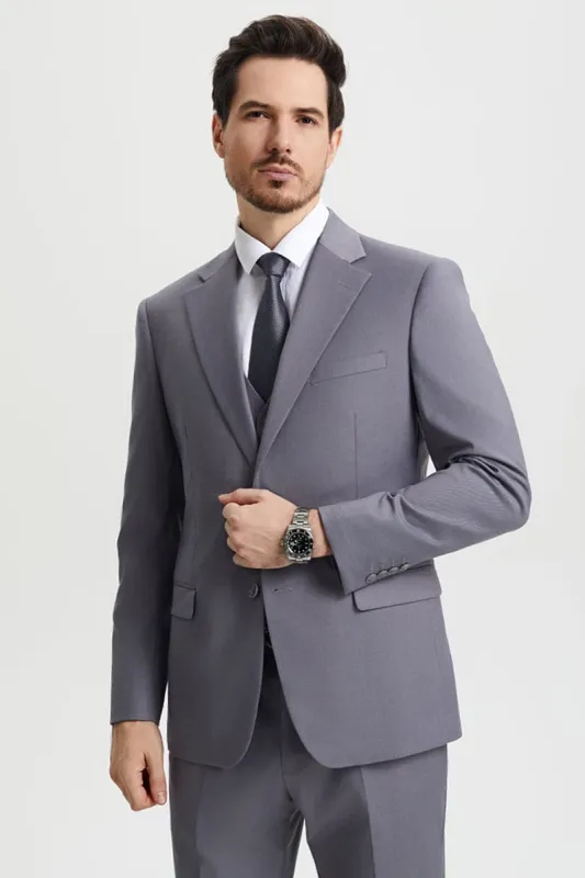 Men's Two Button Vested Stacy Adams Basic Designer Suit in Medium Grey sold by Alberto Nardoni
