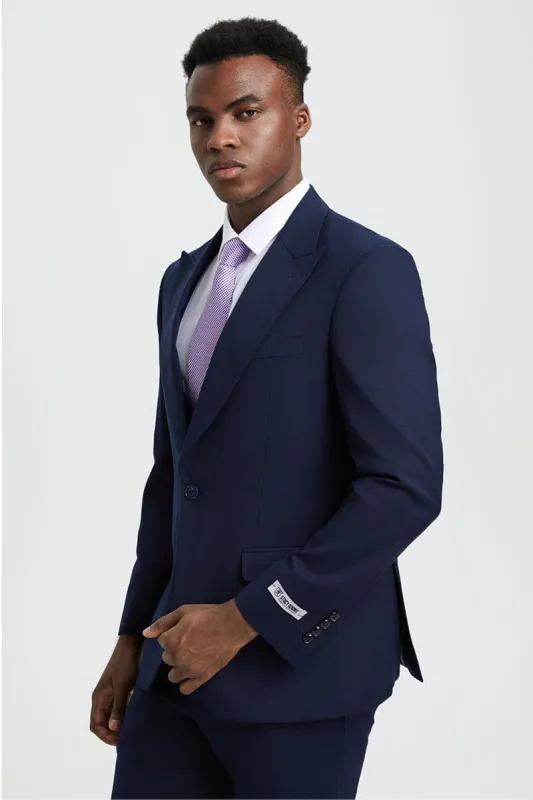 Men's Vested One Button Peak Lapel Stacy Adams Designer Suit in Navy Blue sold by Alberto Nardoni