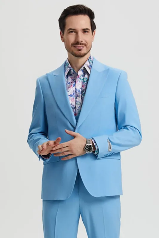 "Mens Stacy Adams Suit - Stacy Adams Suit Men's Designer Suit - Sky Blue Vested One Button Peak Lapel" sold by Alberto Nardoni
