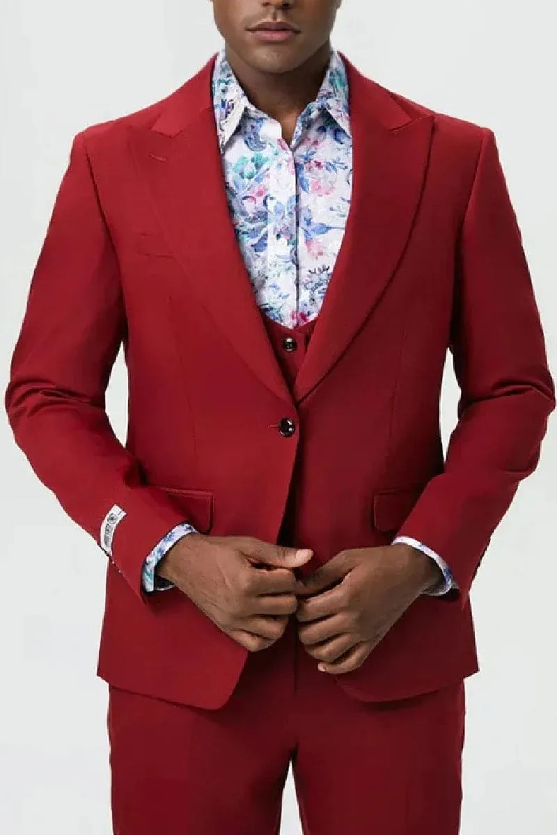 Men's Vested One Button Peak Lapel Stacy Adams Designer Suit in Cherry Red sold by Alberto Nardoni