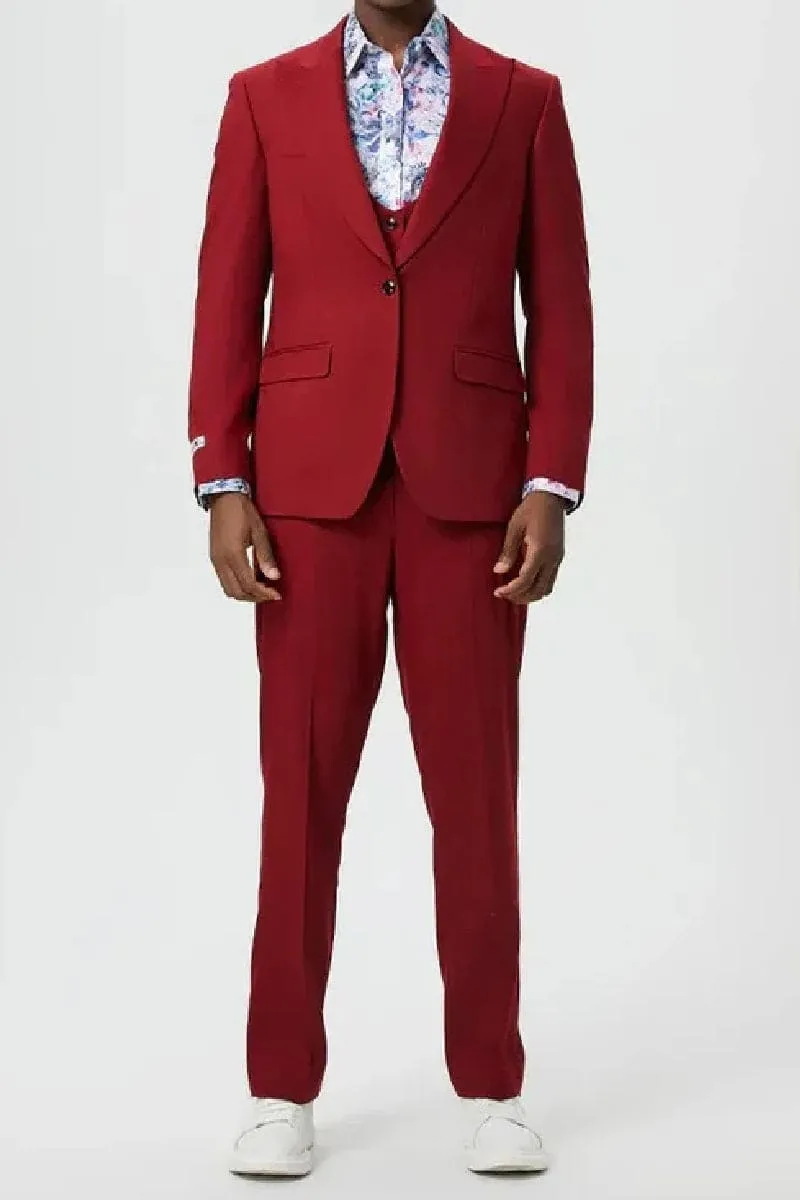 Men's Vested One Button Peak Lapel Stacy Adams Designer Suit in Cherry Red sold by Alberto Nardoni product image thumbnail 2
