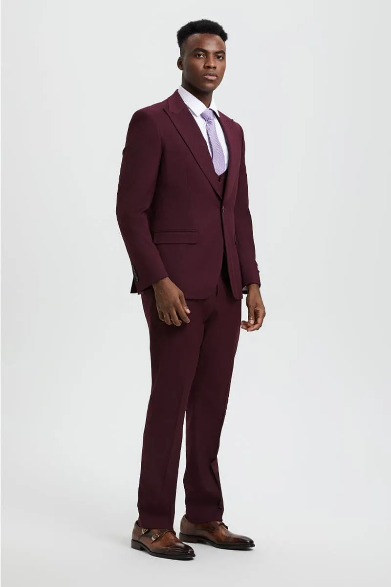 Men's Vested One Button Peak Lapel Stacy Adams Designer Suit in Burgundy sold by Alberto Nardoni product image thumbnail 3