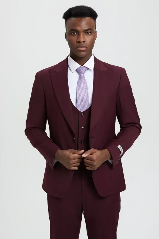 Men's Vested One Button Peak Lapel Stacy Adams Designer Suit in Burgundy sold by Alberto Nardoni
