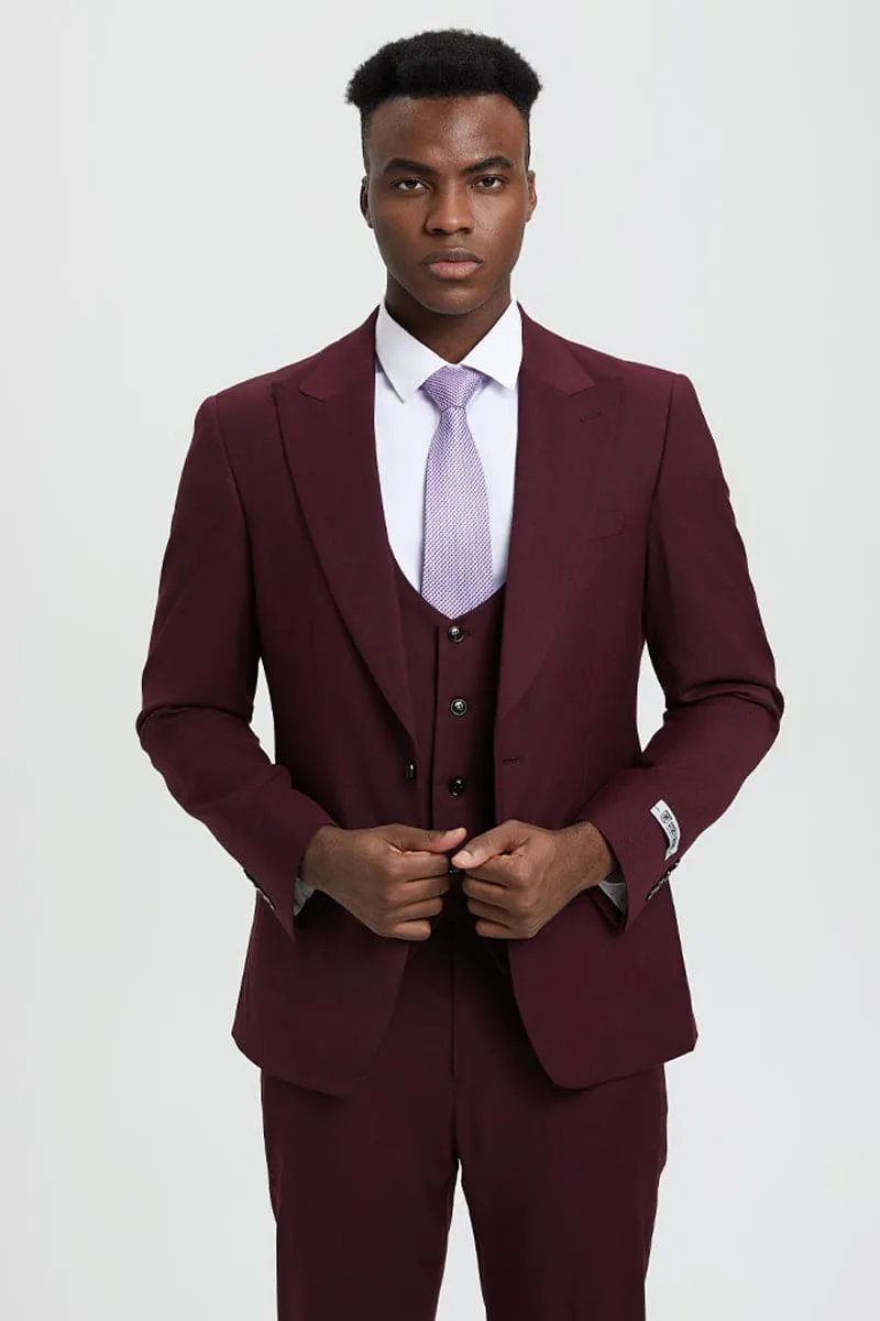 Men's Vested One Button Peak Lapel Stacy Adams Designer Suit in Burgundy sold by Alberto Nardoni