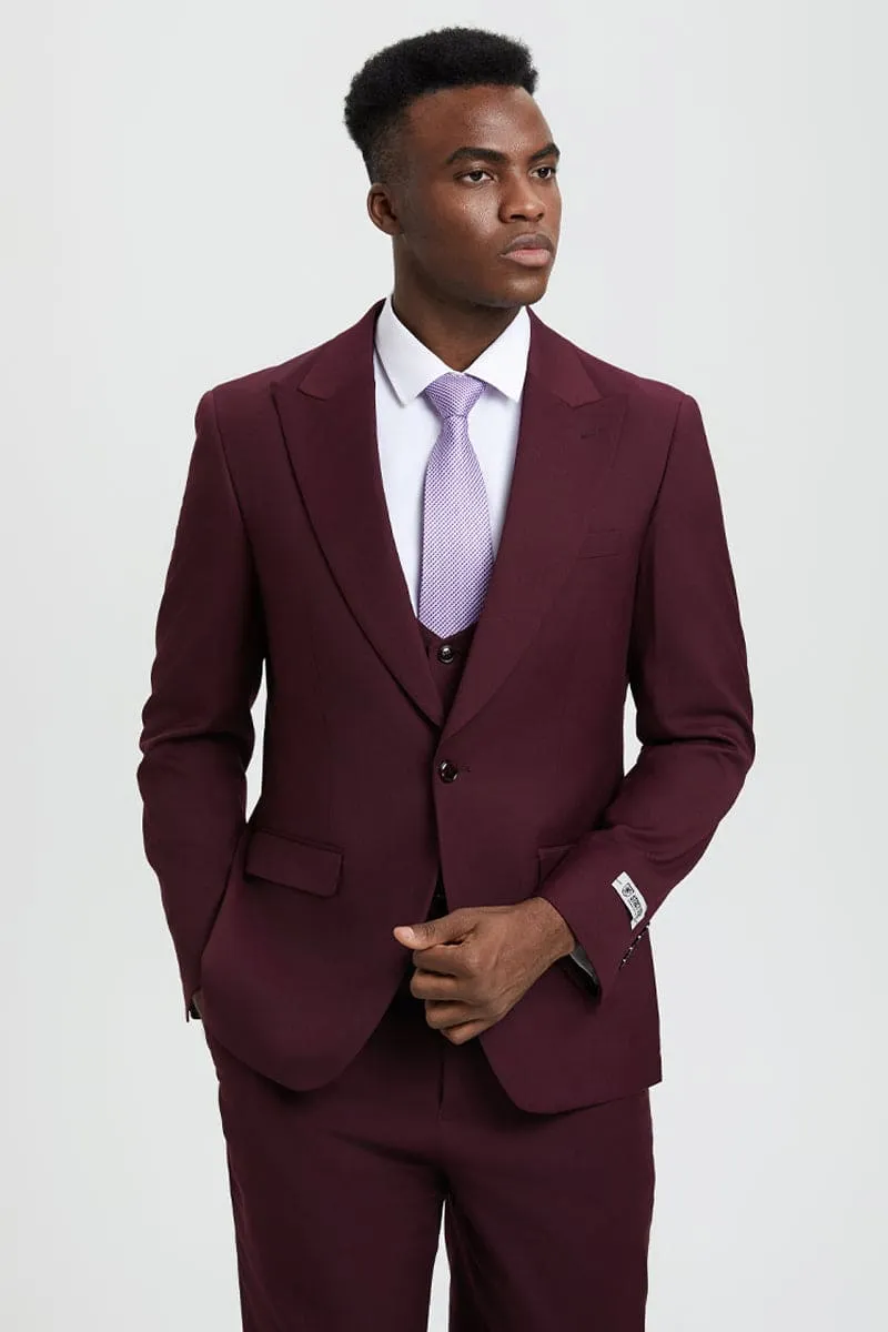 Men's Vested One Button Peak Lapel Stacy Adams Designer Suit in Burgundy sold by Alberto Nardoni product image thumbnail 5
