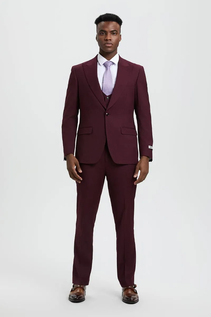 Men's Vested One Button Peak Lapel Stacy Adams Designer Suit in Burgundy sold by Alberto Nardoni product image thumbnail 2